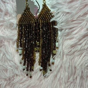 Bronze & Brown Beaded Fringe Earrings with Cream Accents